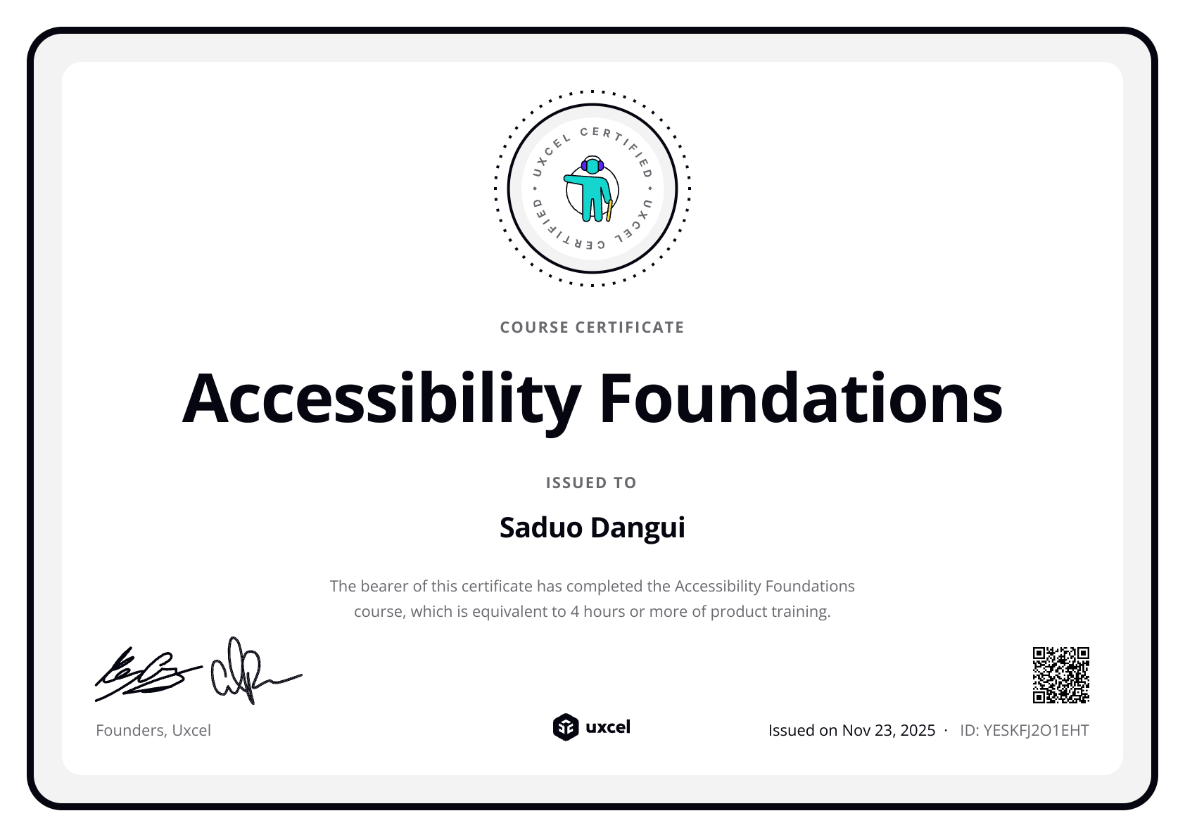 Saduo Dangui's certificate